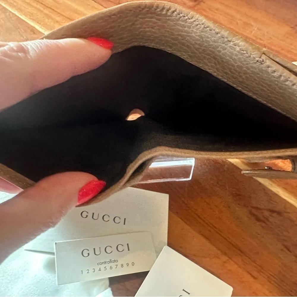 Gucci Beige Trifold Wallet with Gold Accent with gold Chain, Box and Dust Bag